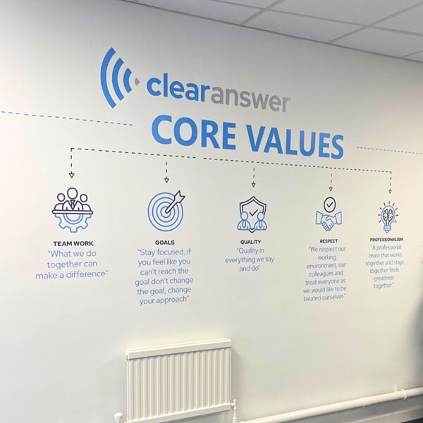 An image of the Clear Answer core values wall graphic in Hull.